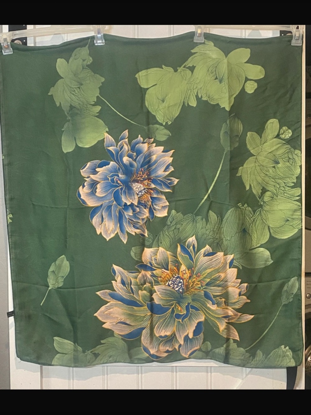Green Floral Scarf with Blue Blooms -